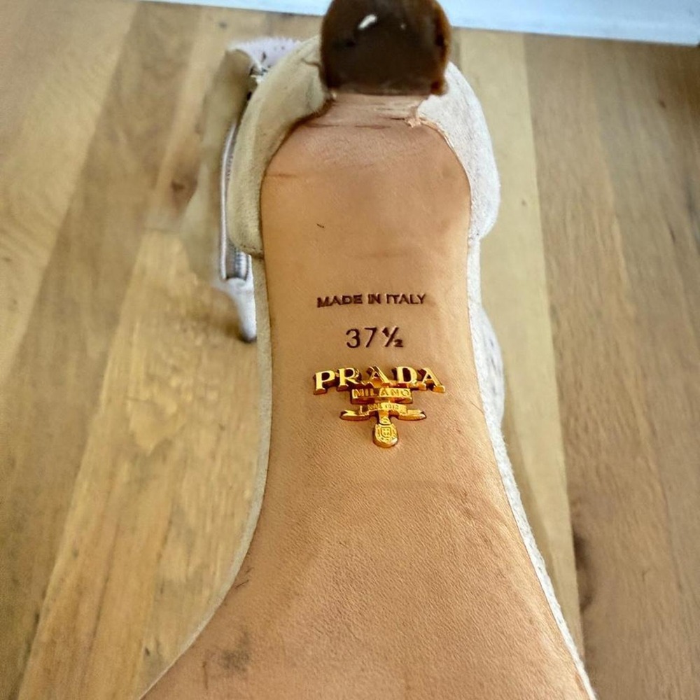 Prada Tan Leather Cut-Out Diamond Pattern Ankle Strap Sandals Heels 37.5 - Picture 5 of 6